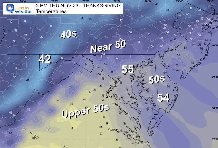 November 20 weather forecast Thanksgiving afternoon temperatures