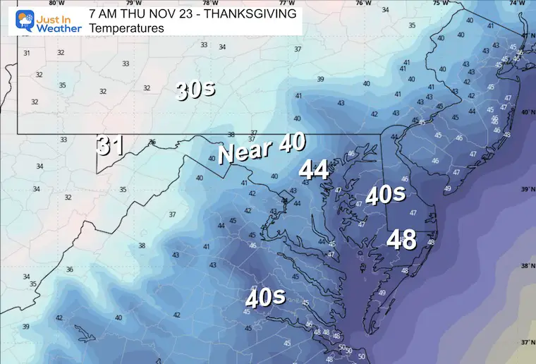 November 20 weather forecast Thanksgiving morning temperatures