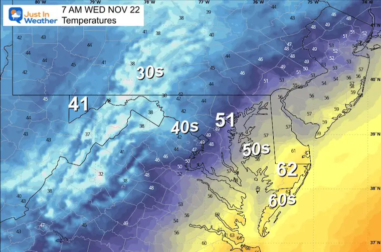 November 21 weather temperatures Wednesday morning