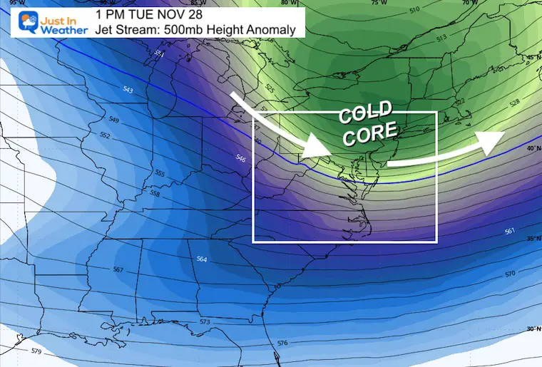 November 25 weather jet stream cold Tuesday
