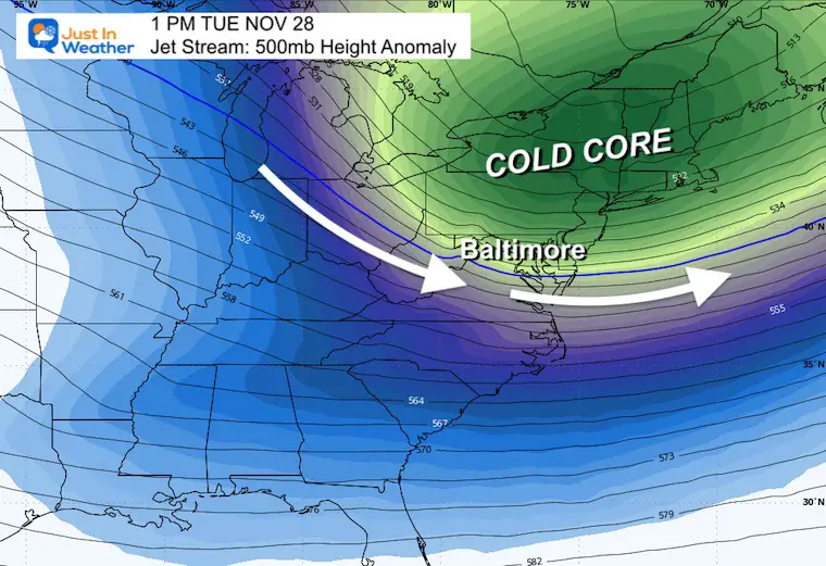November 26 weather jet stream cold core Tuesday