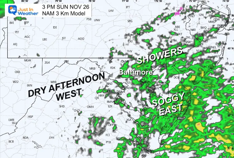 November 26 weather forecast radar rain Sunday 3 PM