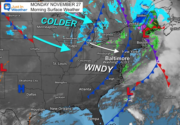 November 27 weather wind snow map Monday morning