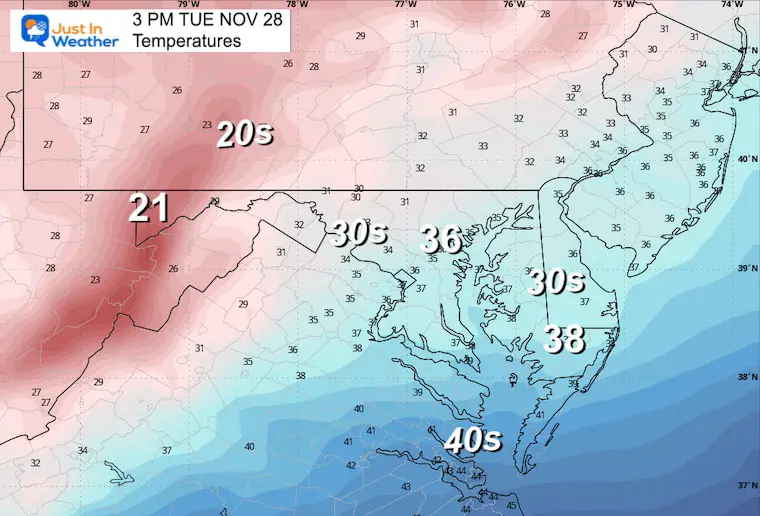 November 27 weather temperatures Tuesday afternoon