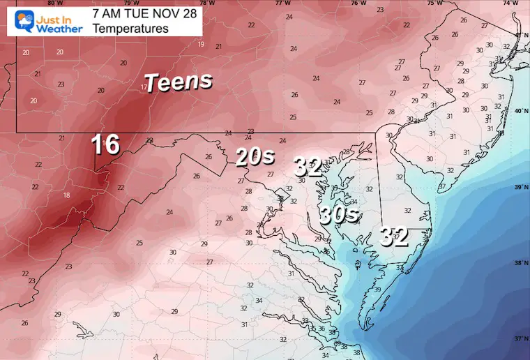 November 27 weather temperatures Tuesday morning