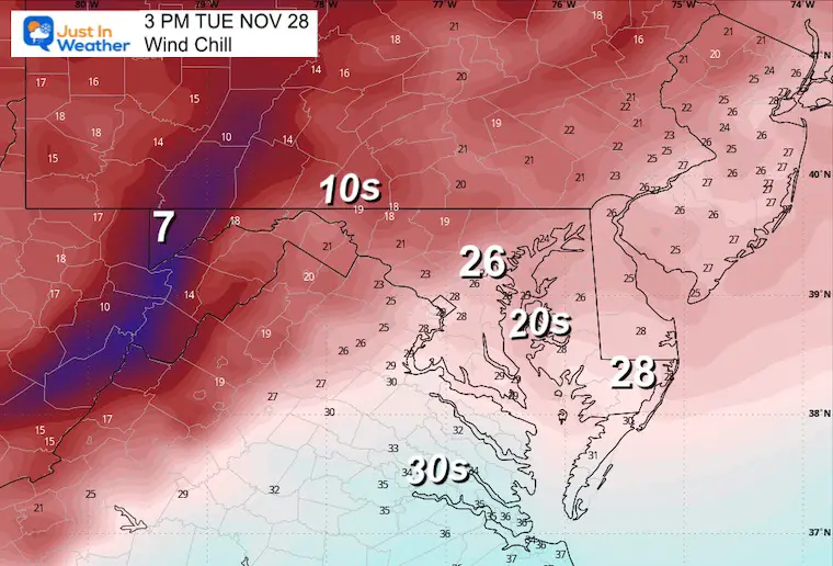 November 27 weather temperatures Tuesday afternoon wind chill