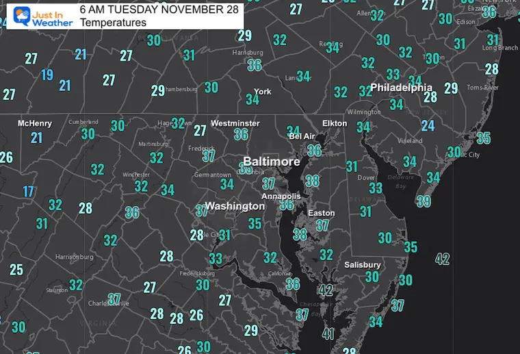 November 28 weather Tuesday Morning Temperatures
