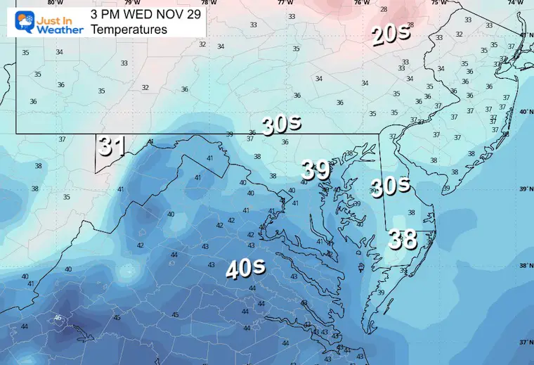 November 28 weather temperatures Wednesday afternoon