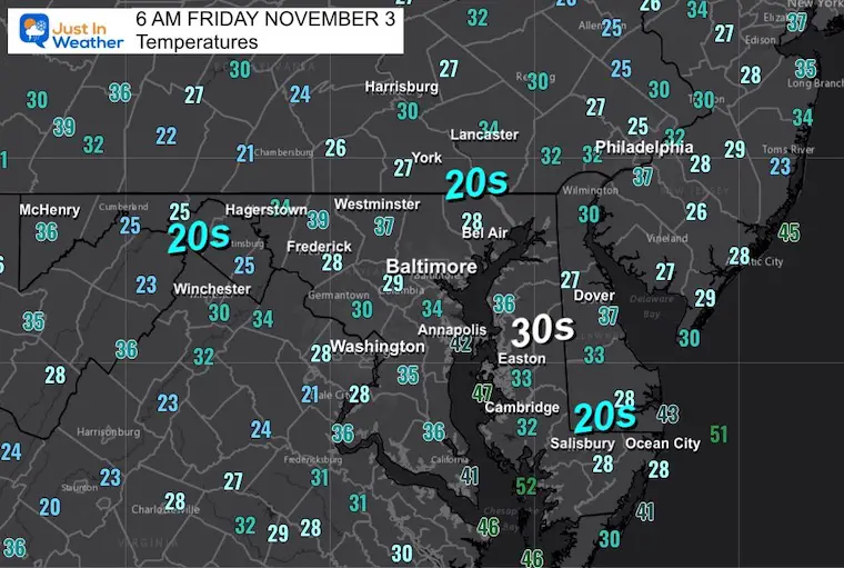 November 3 weather temperatures Friday morning