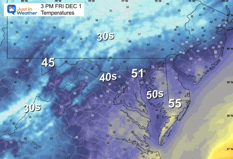 November 30 weather temperatures Friday afternoon