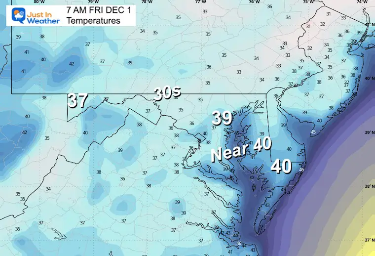 November 30 weather temperatures Friday morning