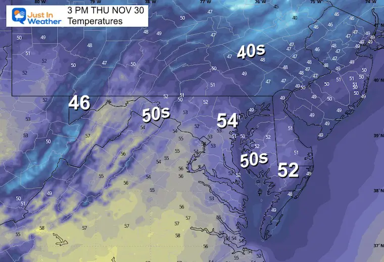 November 30 weather temperatures Thursday afternoon