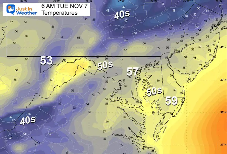 November 6 weather temperatures Tuesday morning
