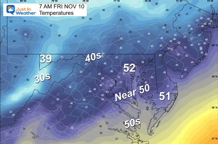 November 9 weather temperatures Friday morning