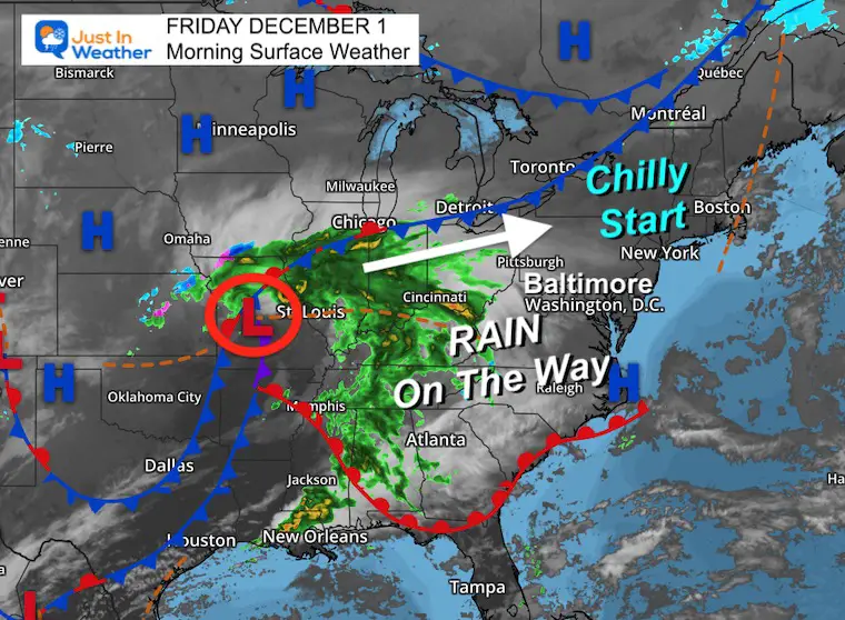 December 1, Weather Development Rainfall today and a mild weekend