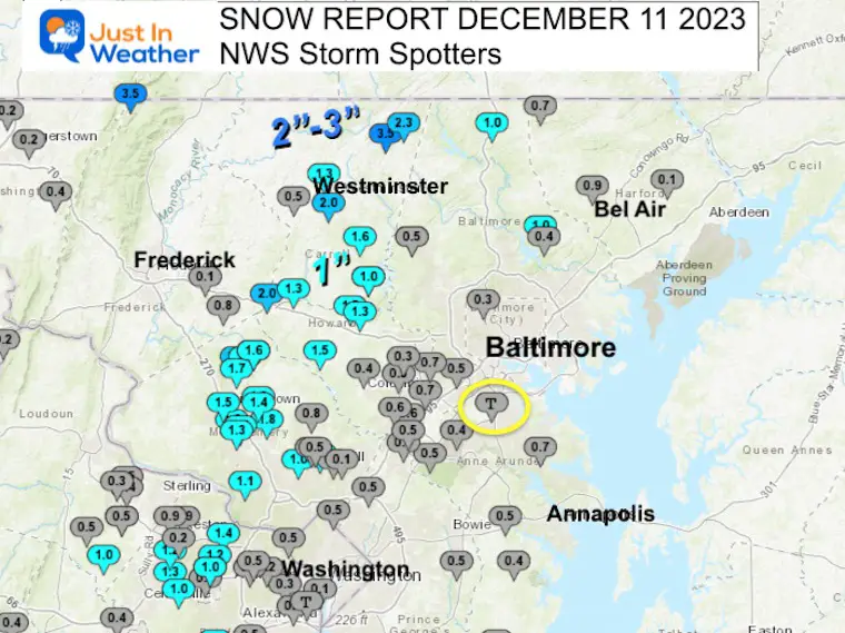 December 11 snow reports Central Maryland