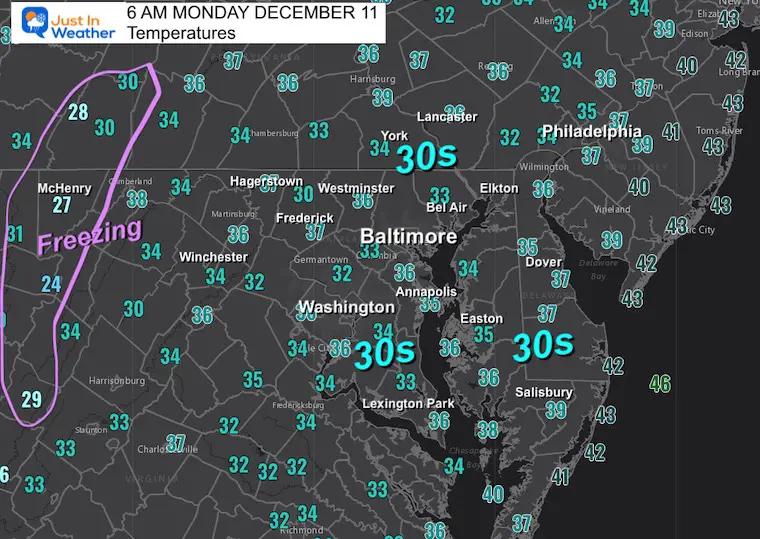December 11 weather temperatures Monday morning