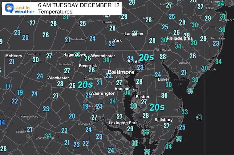 December 12 weather temperatures Tuesday morning