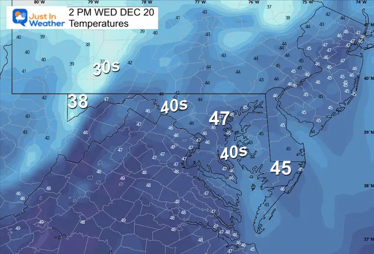 December 19 weather forecast temperatures Wednesday afternoon