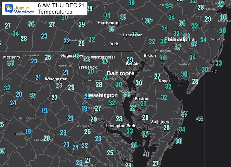 December 21 weather temperatures Thursday morning