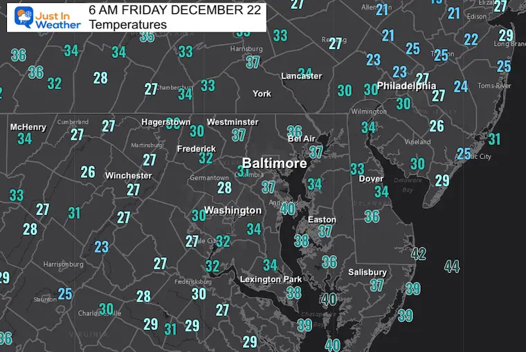 December 22 weather temperatures Friday morning