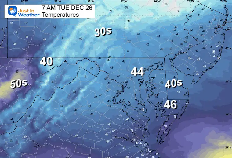 Weather temperatures for December 25 Tuesday morning