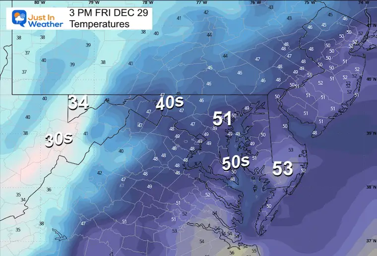 December 29 weather forecast temperatures Friday afternoon