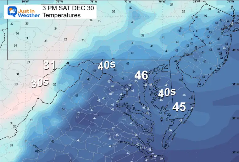 December 29 weather forecast temperatures Saturday afternoon