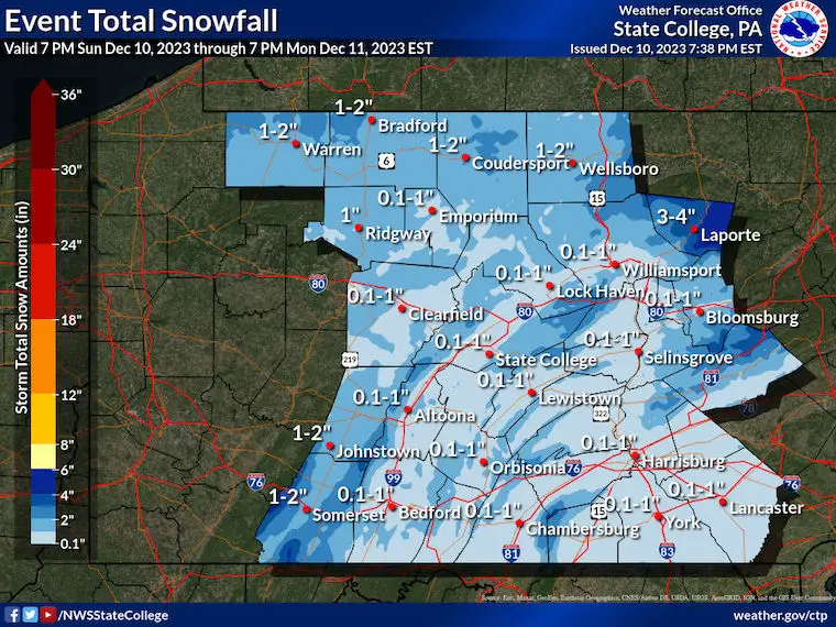 December 10 weather snow totals NWS Pennsylvania