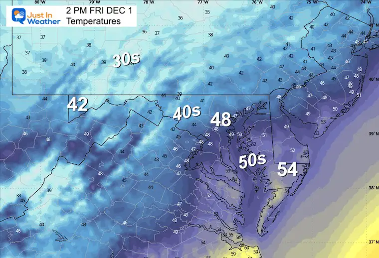 December 1 weather forecast temperatures Friday afternoon