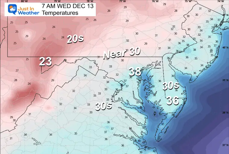 December 12 weather forecast temperatures Wednesday morning