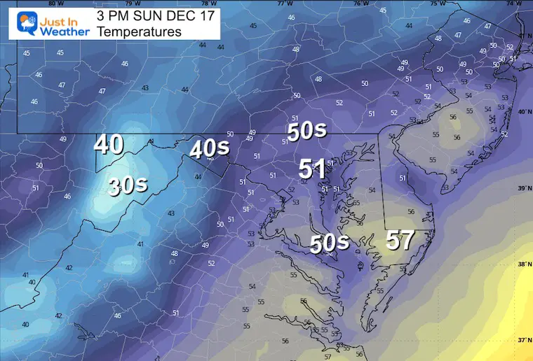 December 16 weather temperatures Sunday afternoon