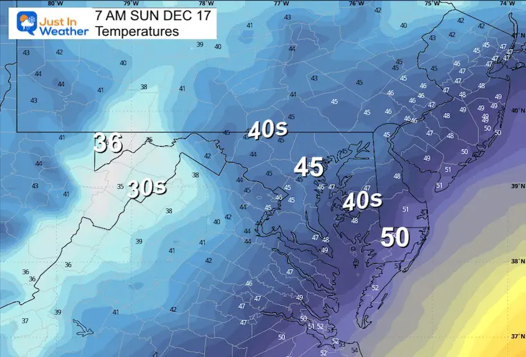 December 16 weather temperatures Sunday morning