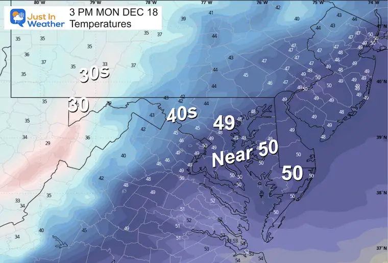December 18 weather temperatures Monday afternoon