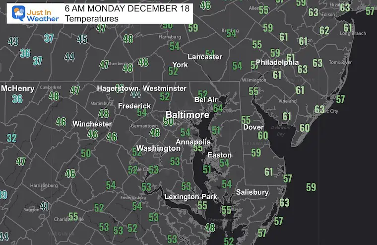 December 18 weather temperatures Monday morning