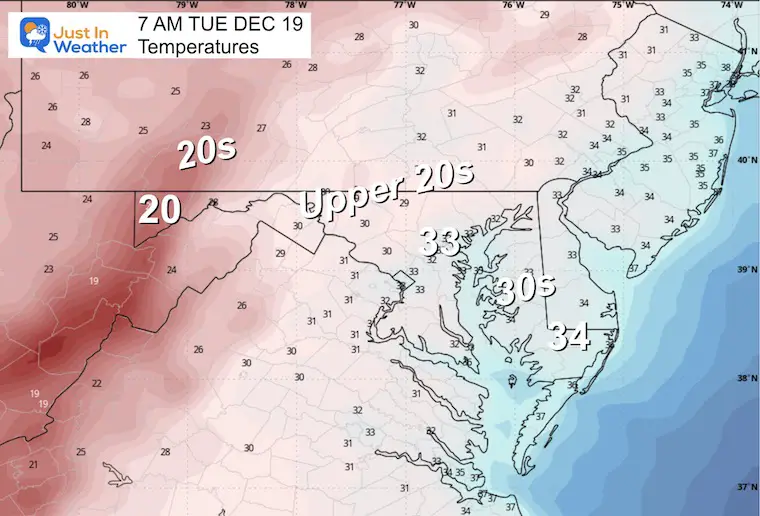 December 18 weather temperatures Tuesday morning