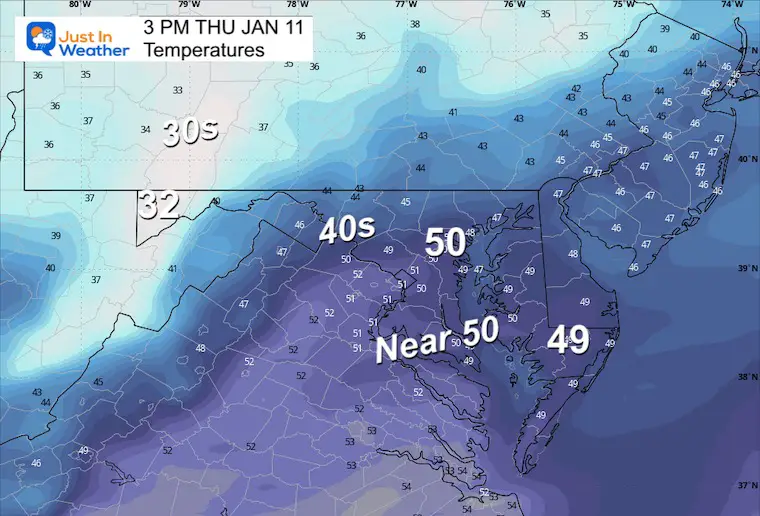 January 10 weather temperatures Thursday afternoon