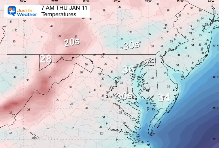 January 10 weather temperatures Thursday morning