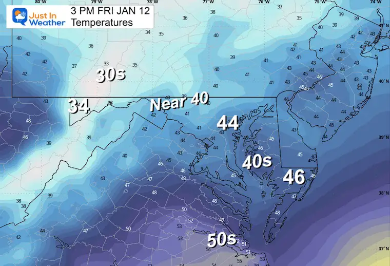 January 11 weather temperatures Friday afternoon