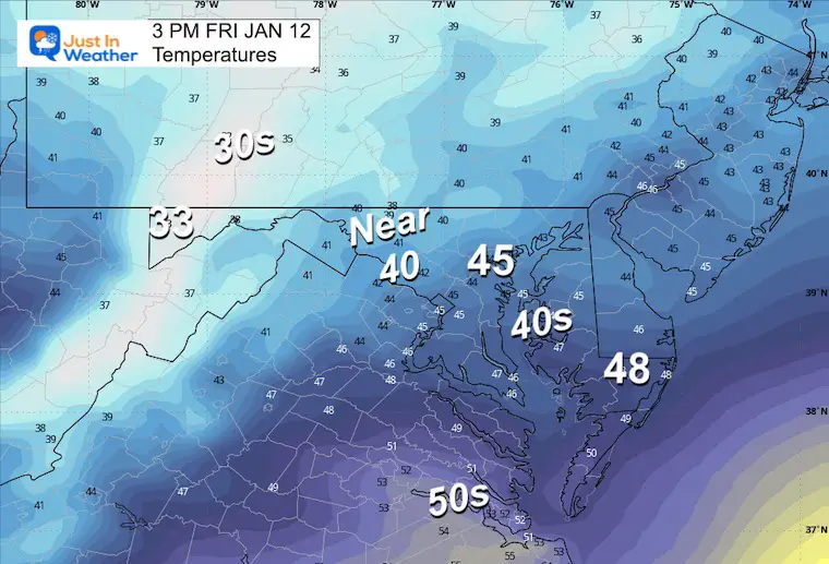 January 12 weather temperatures Friday afternoon
