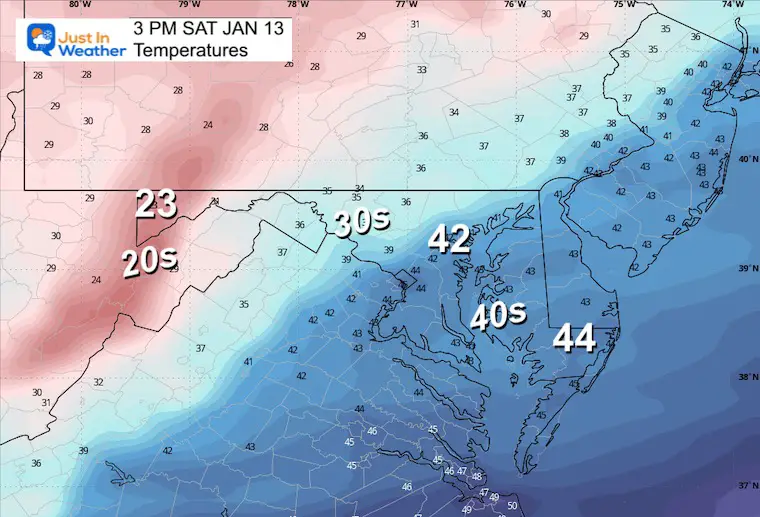January 12 weather temperatures Saturday afternoon