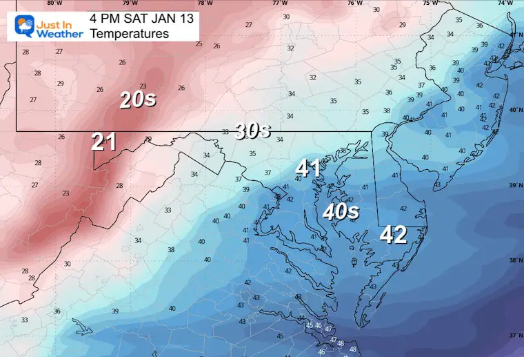 January 13 weather forecast temperatures Saturday afternoon