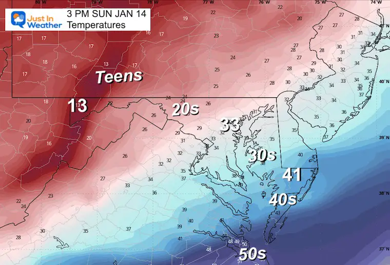 January 13 weather temperatures Sunday afternoon