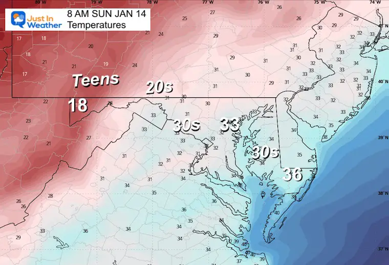 January 13 weather temperatures Sunday morning