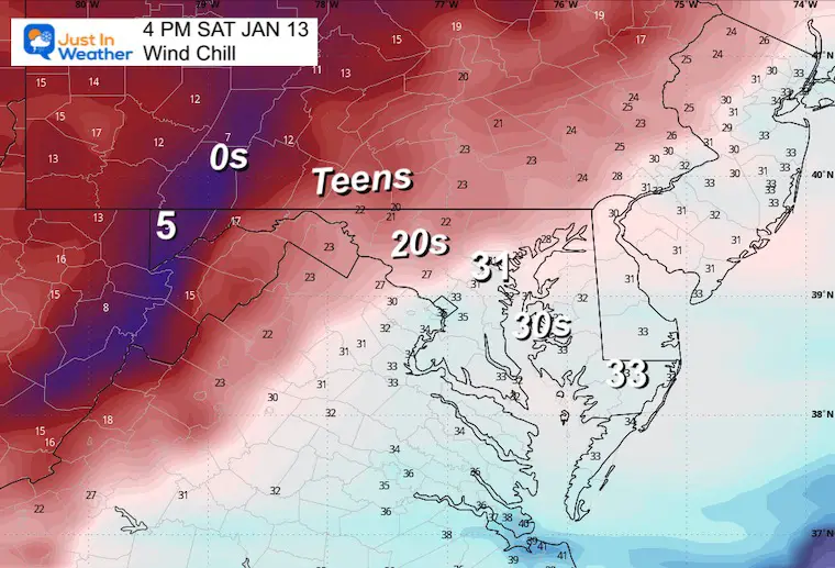 January 13 weather forecast wind chill Saturday afternoon