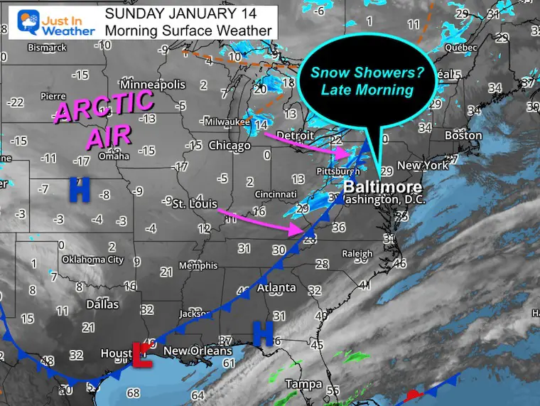 January 14 weather Sunday arctic cold and snow