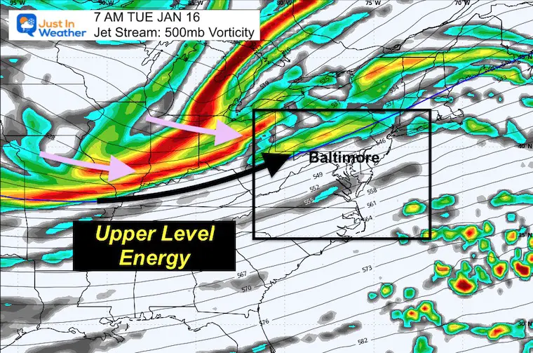 January 14 weather jet stream storm Tuesday Vorticity 500