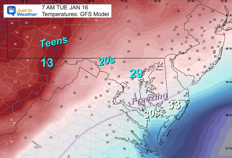 January 14 weather temperatures Tuesday morning