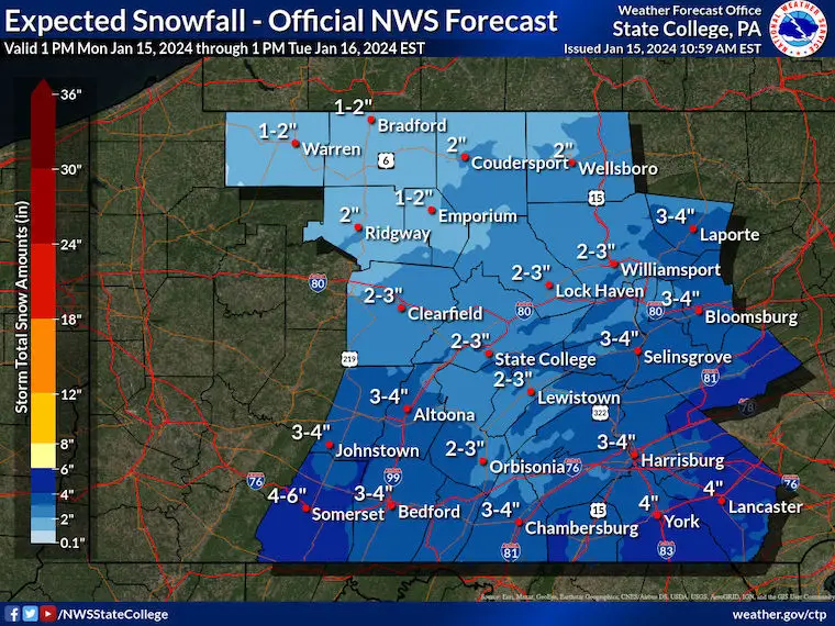 January 15 weather snow NWS Pennsylvania