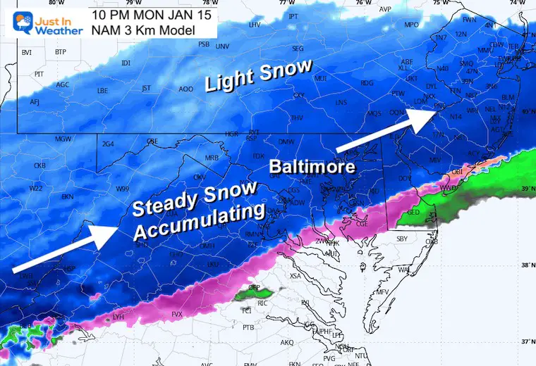 Weather forecast for snow on January 15, Monday night in NAM